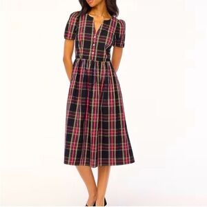 J. Crew Tartan Puff Sleeve Midi Dress with Pockets and Jeweled Buttons Size 8